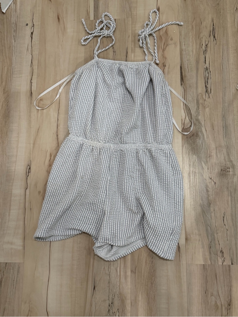 Green Envelope Cream and Gray Striped Tie-Shoulder One-Piece